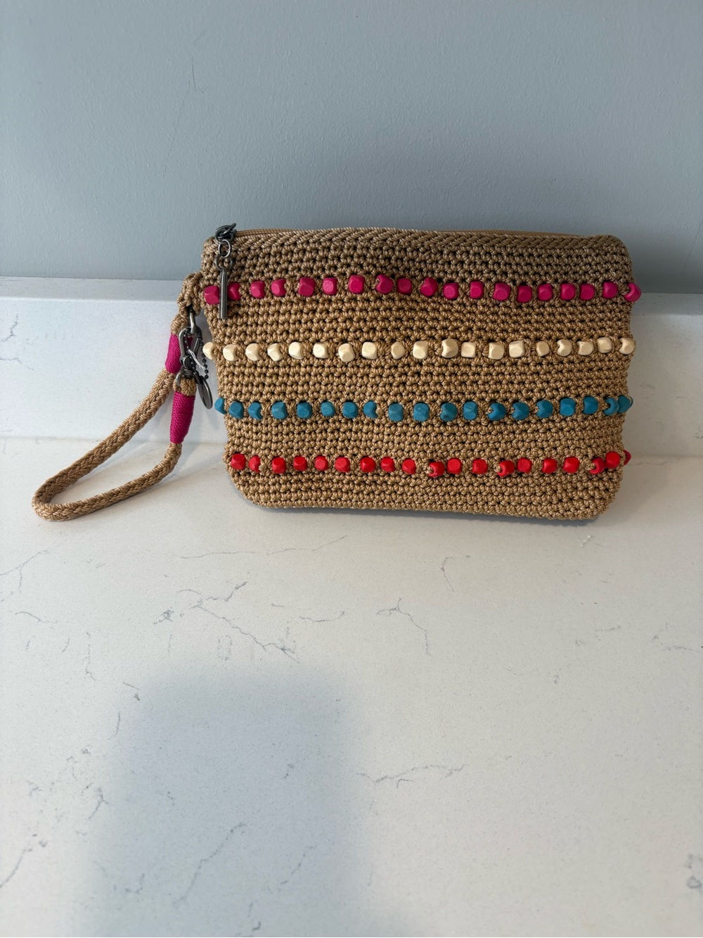 Woven the Sak Wristlet Clutch with Color Bead Stripes - Natural